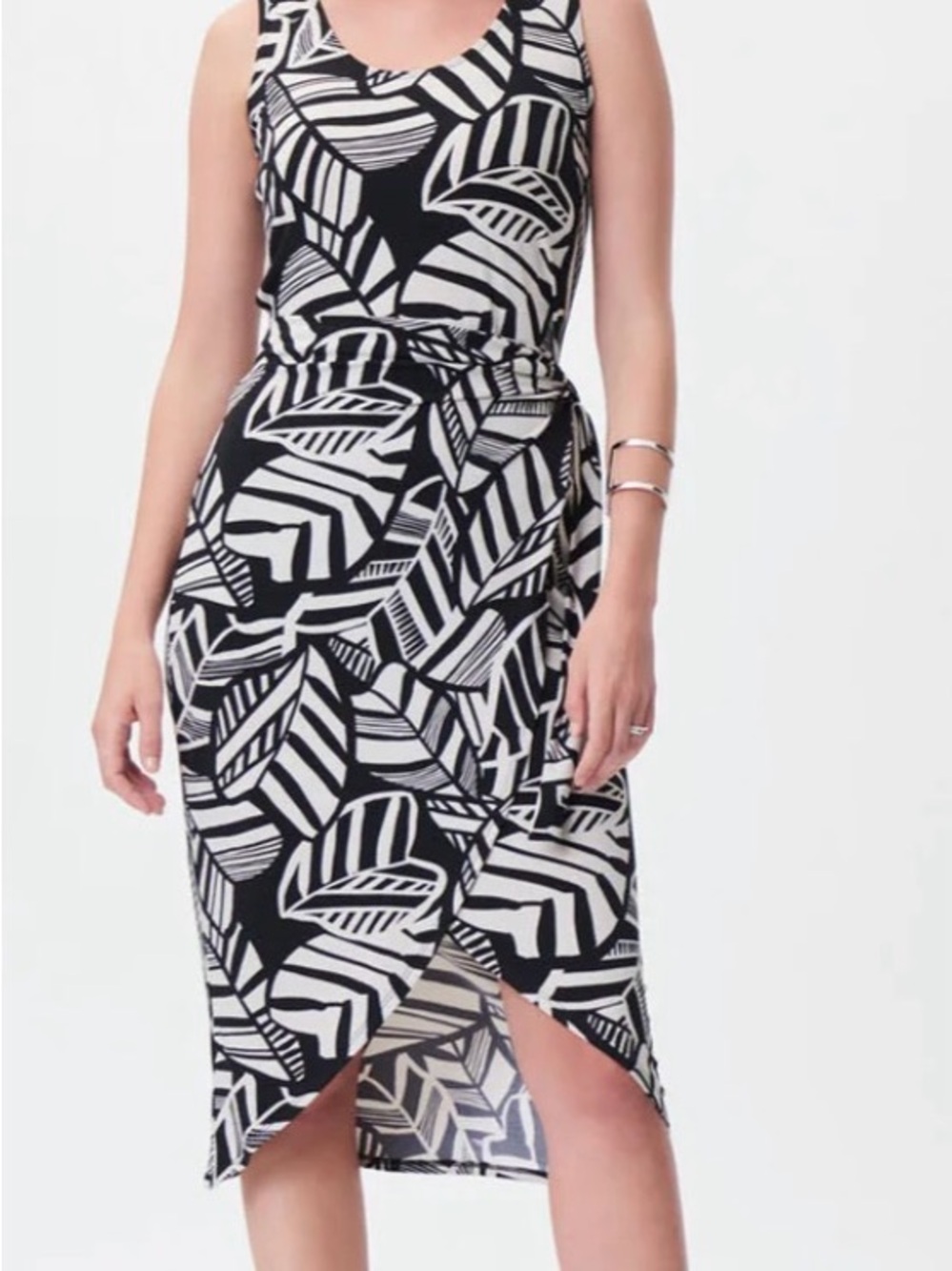 Joseph Ribkoff Black and Cream Leaf-Print Midi Wrap Dress